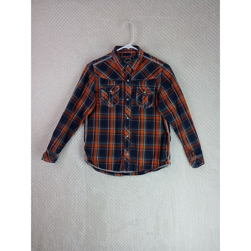 BKE Boys Large (14-16) Orange Gray Plaid Long Sleeve Button Down Shirt